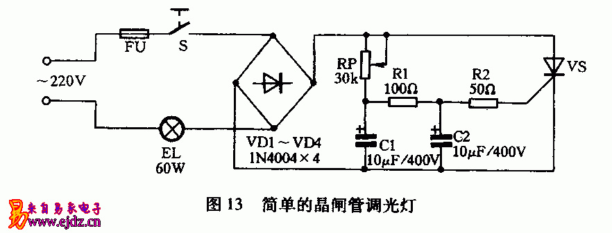 控制电路 灯光控制                如图13所示是一种简单的晶闸管调