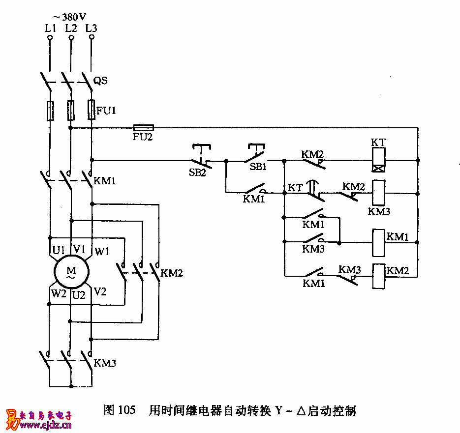 用时间继电器自动转换y一启动控制电路图