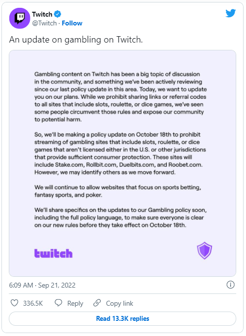 Twitch预告10月禁特定赌博网站，体育博彩、扑克博弈不在此限