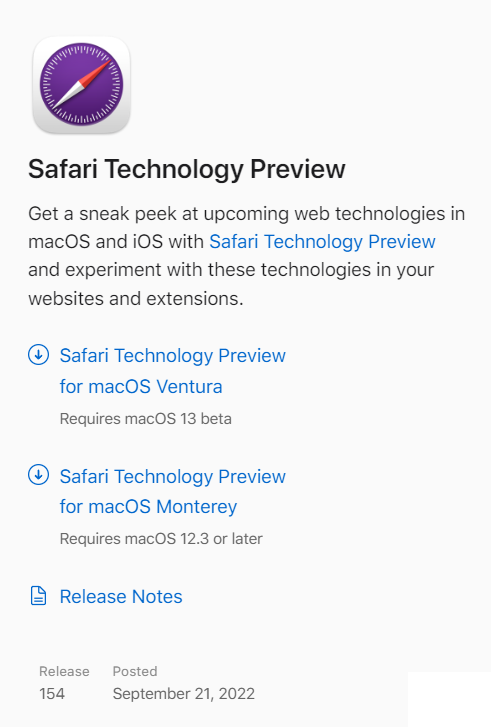 苹果 Safari 浏览器技术预览版154发布：兼容macOS 13