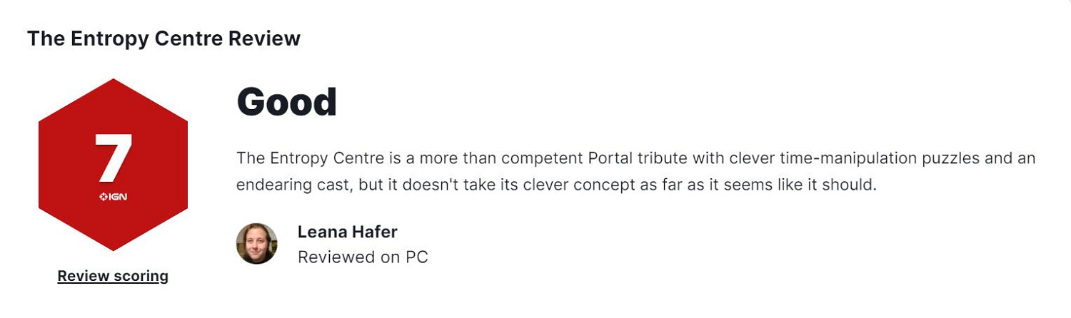 烧脑解谜游戏《The Entropy Centre》IGN给出7分：本作对《传送门》经典致敬