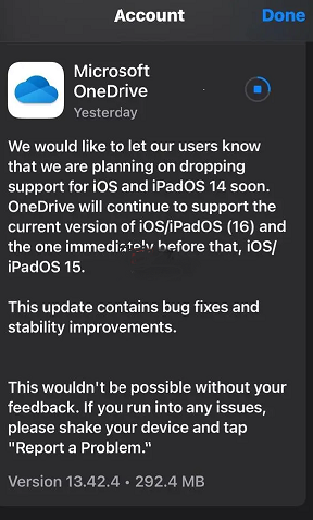 微软 OneDrive iOS 版：将停止支持苹果 iOS 14 / iPadOS 14