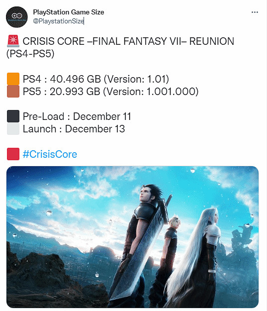《最终幻想7：核心危机 重聚》PS4/PS5游戏容量曝光