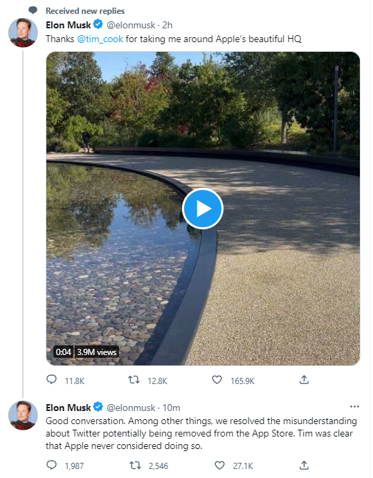 马斯克和苹果关系缓和了，库克不会将推特从应用商店下架