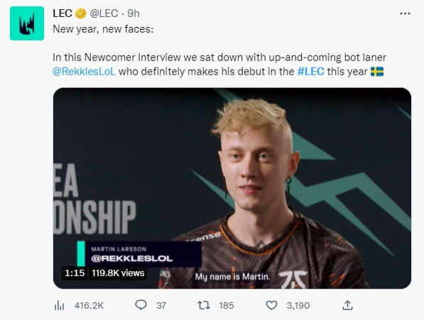 欧成回归！LEC和G2官方推特联动整活：Rekkles是个潜力不俗的新人