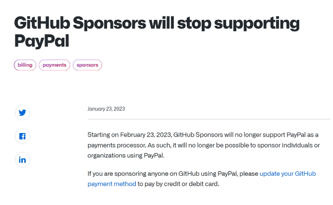 微软GitHub项目打赏功能不再支持PayPal 付款