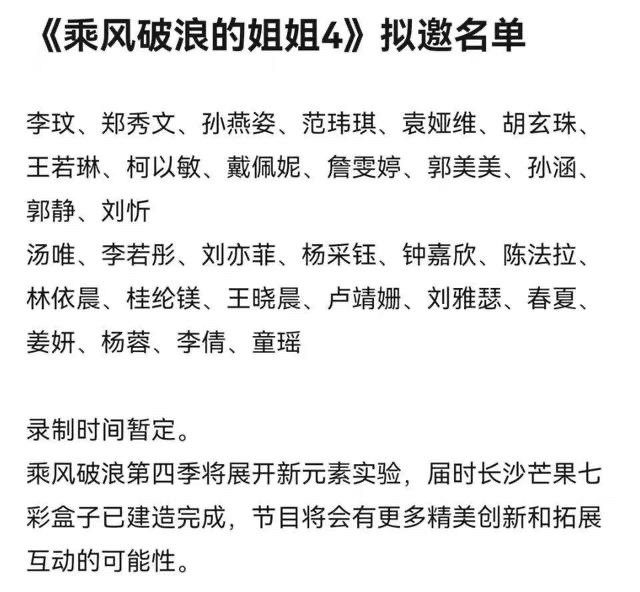 网传浪姐4最终拟邀名单