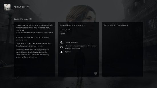 真要来了！《寂静岭2：重制版》PS商店更新为“即将推出”