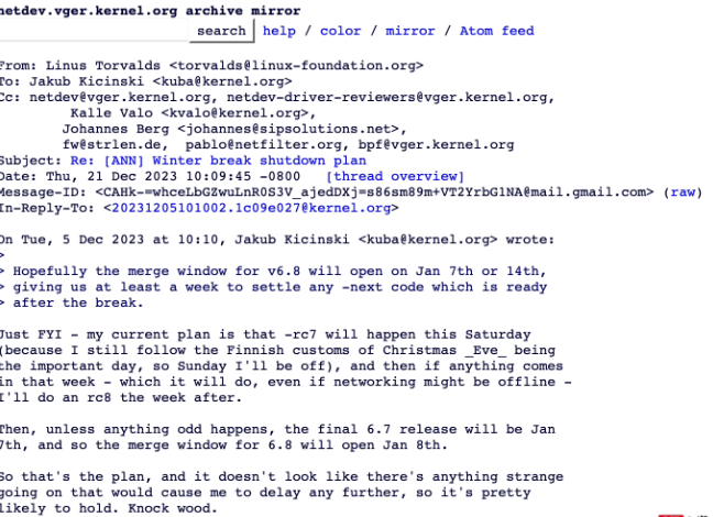 Linux6.7-rc8将在12月31日发布，正式版延期至明年1月7日推出