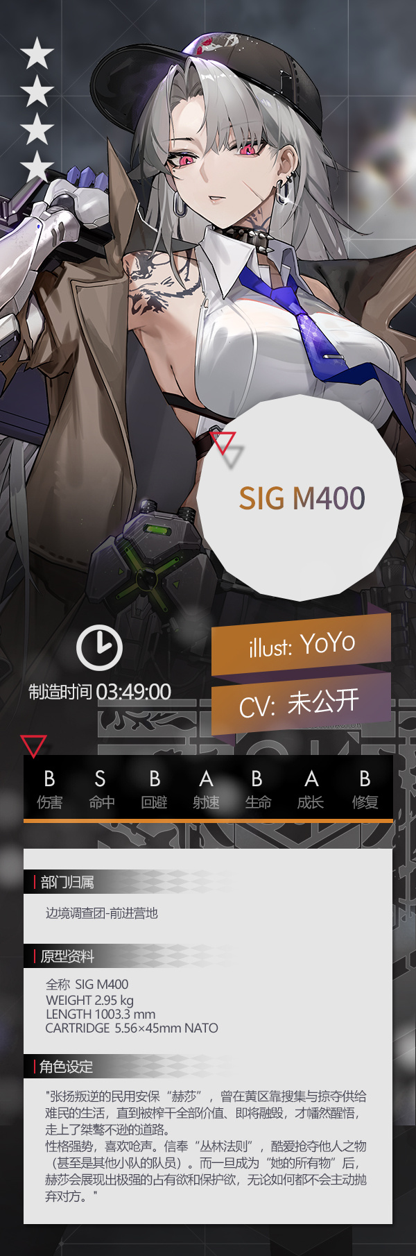 《少女前线》全新四星突击步枪人形「SIG M400」即将上线，信奉“丛林法则”的赫莎