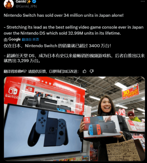 任天堂Switch在日本销量突破3400万台，成为有史以来最畅销的游戏主机