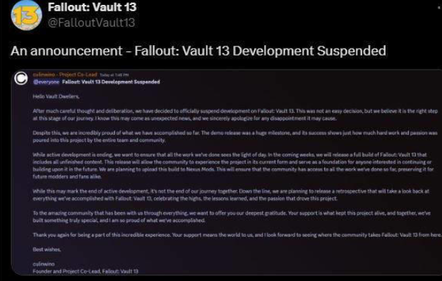 《辐射4》饭制MOD《Fallout: Vault 13》开发停止，开发者将开源已完成内容