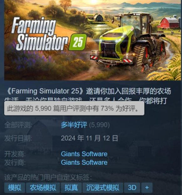 《模拟农场25》口碑回暖，Steam好评率稳步提升