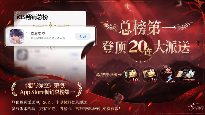 《恋与深空》登顶App Store游戏畅销总榜，全服20连福利大派送