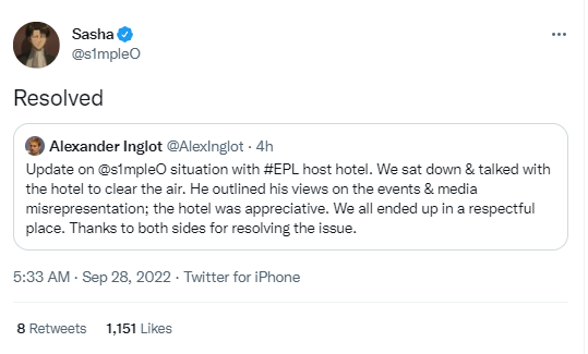 S1mple and the Hotel Reach Amicable Resolution Regarding Hygiene Concerns