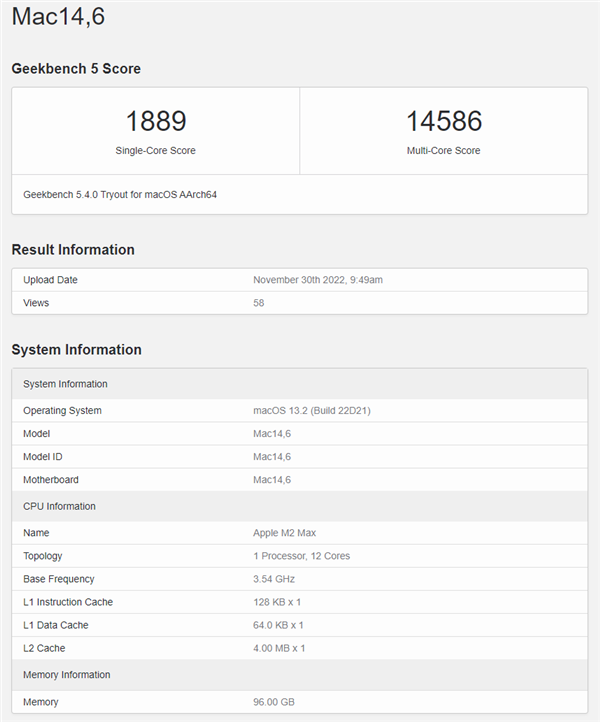 GeekBench 5数据库里首次出现了M2 Max的身影