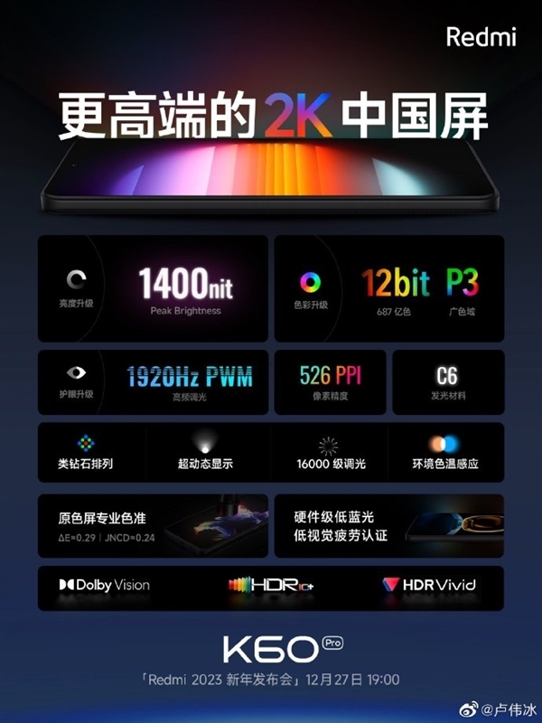 Redmi K60系列采用2K中国屏，还提供素皮版本的机型