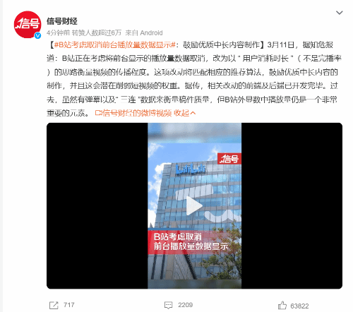 B站考虑取消前台播放量数据显示