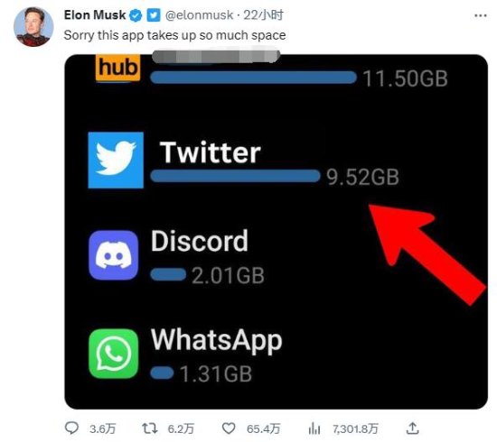 马斯克为Twitter发文致歉：占手机内存太多